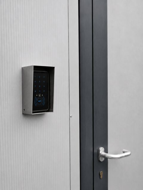 A1 keypad with illuminated number pad and NFC reader in a stainless steel hood, mounted beside a storage door