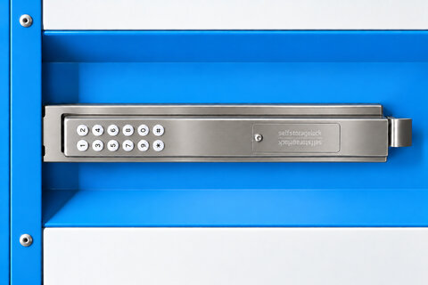 Stainless steel unit lock with keypad mounted across a blue and white storage unit door