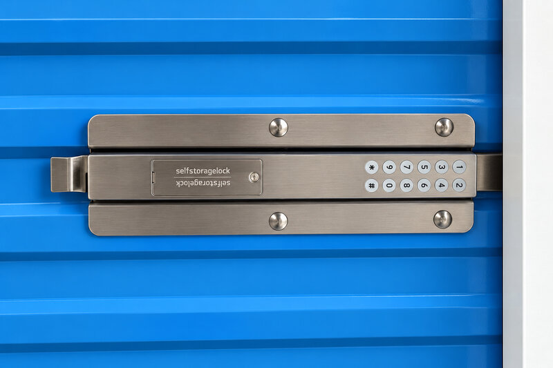 Stainless steel unit lock with keypad fitted to a blue facility gate